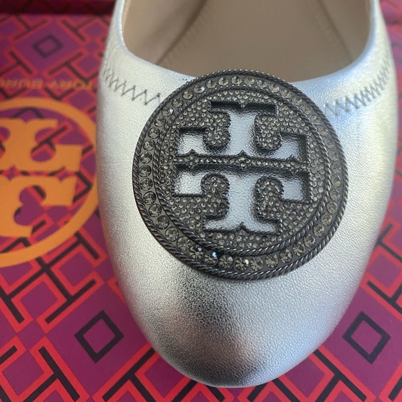 EUC Tory Burch Liana Round Toe Rhinestone Logo Metallic Leather Ballet Flats - Picture 8 of 12
